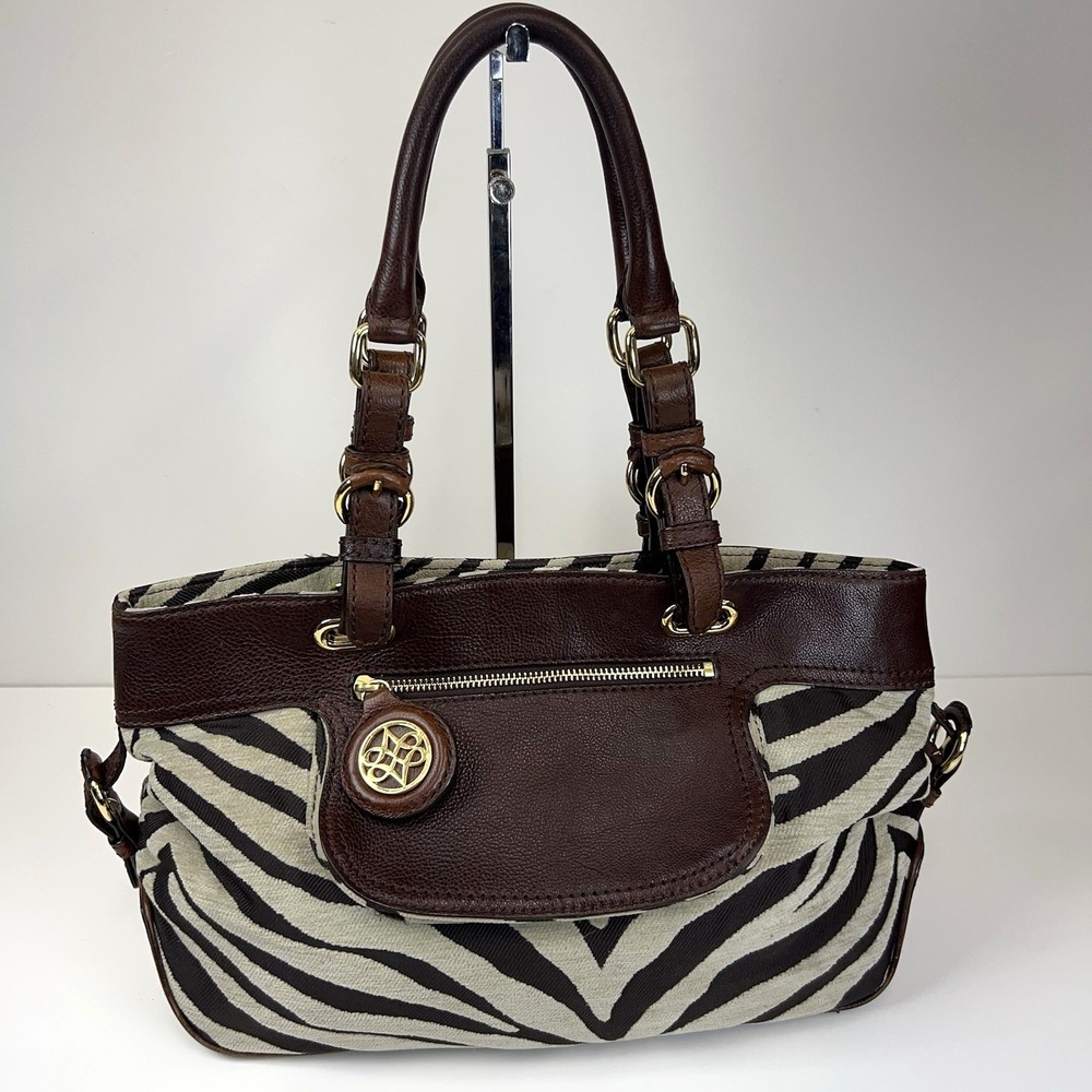 Antonio Melani Satchel Jacquard Leather Trim Purse Zebra Animal Gold Accents Y2K
